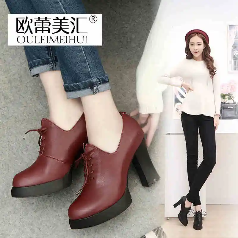 Осенние туфли-лодочки из натуральной кожи на толстом высоком каблуке женские