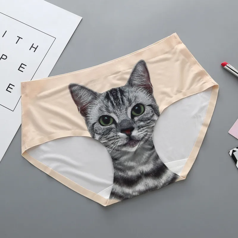 Dreamlikelin, 5 цветов, милые трусики, 3D принт с кошкой, хлопковое нижнее белье для женщин, классные дышащие трусики, бесшовные трусы - Цвет: Бежевый