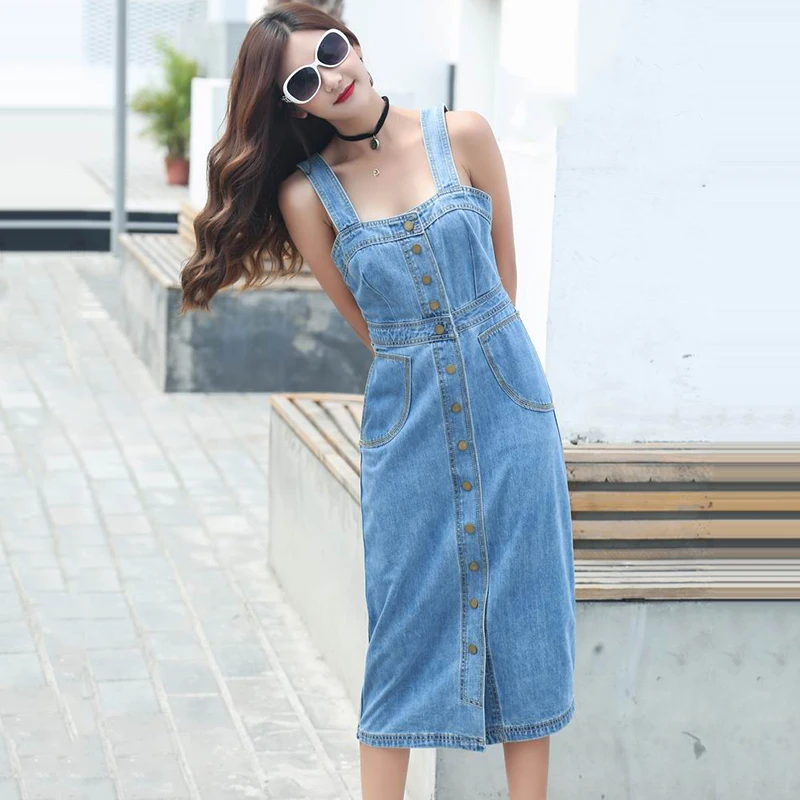 Одежда высшего качества пикантные на подтяжках платье из джинсовой ткани с