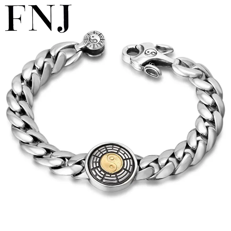 

FNJ Link Chain Bracelet 925 Silver Round YinYang Charm 20cm 22cm Original Pure S925 Thai Silver Bracelets for Men Jewelry