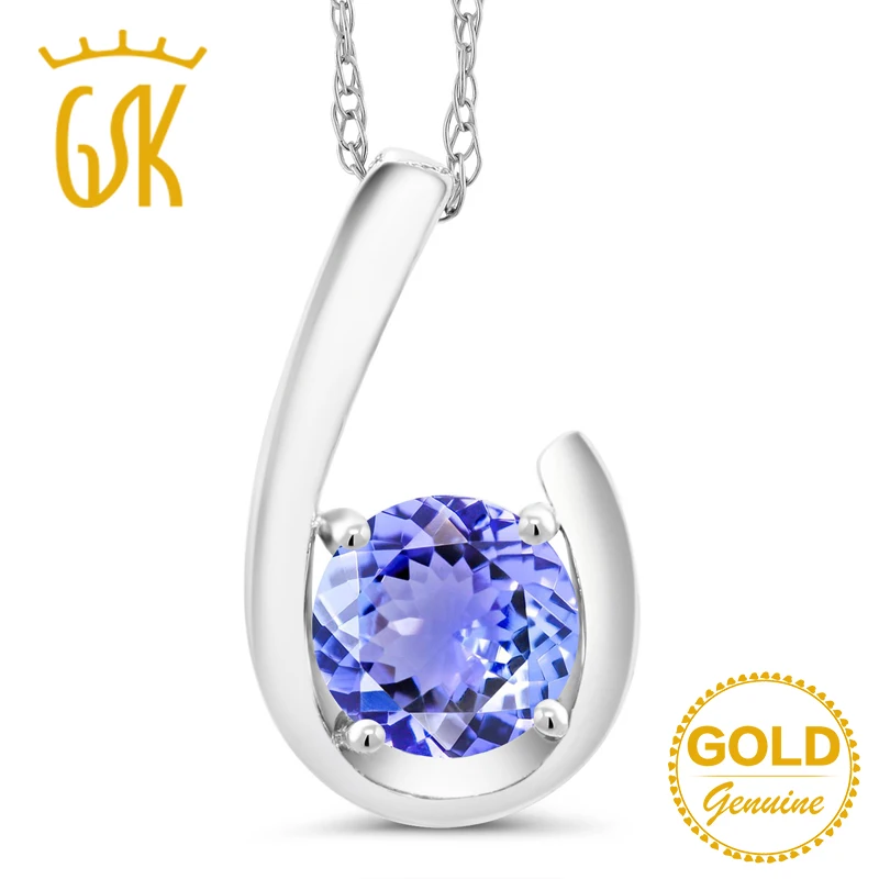 GemStoneKing 0 90 Ct Круглый натуральный голубой танзанит 10K белого золота Мать ожерелья