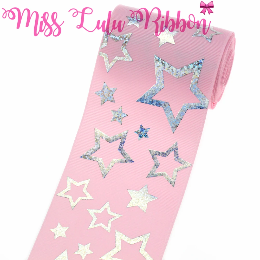 3&quot75mm Star Hologram Silver Foil Solid Color Grosgrain Ribbon DIY Gift Bowknots Hair Band Making 5yards/roll #123 | Дом и сад