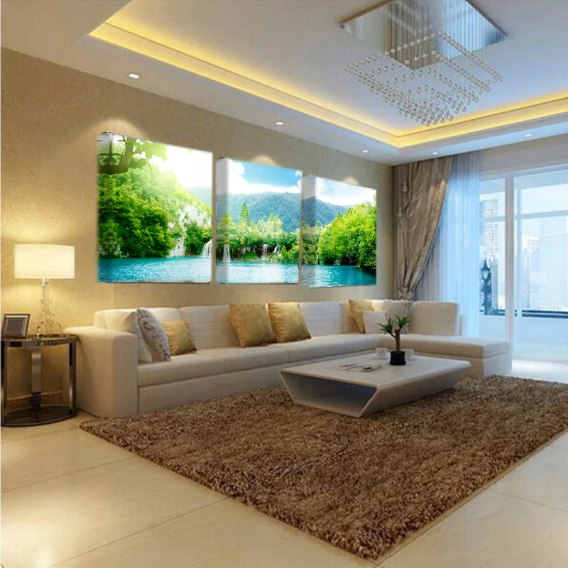 3 Панели зеленый лес водопад холст Художественная печать живопись природный