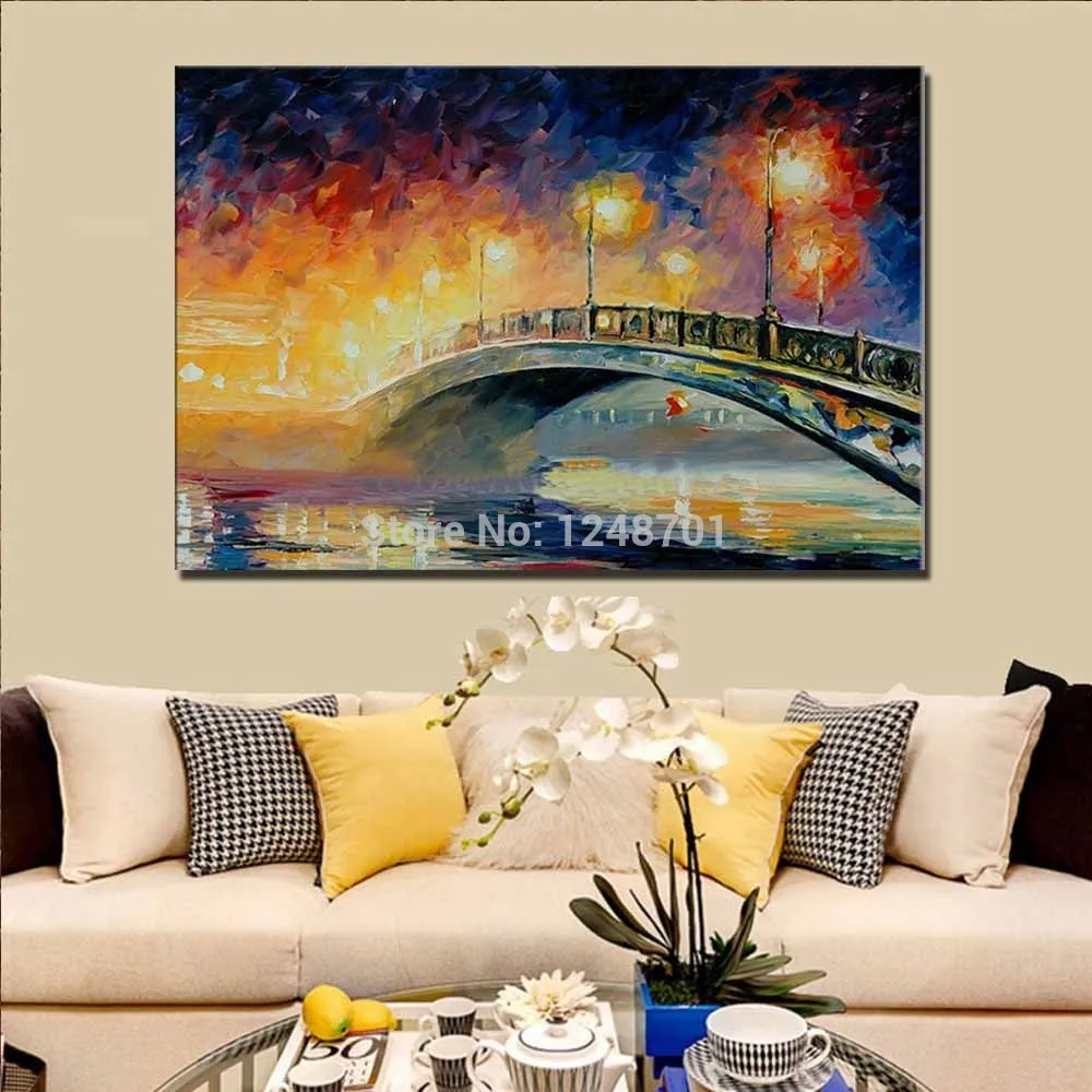 Ручная роспись Палитры Ножи Impasto мост ночника пейзаж маслом холст стены картину