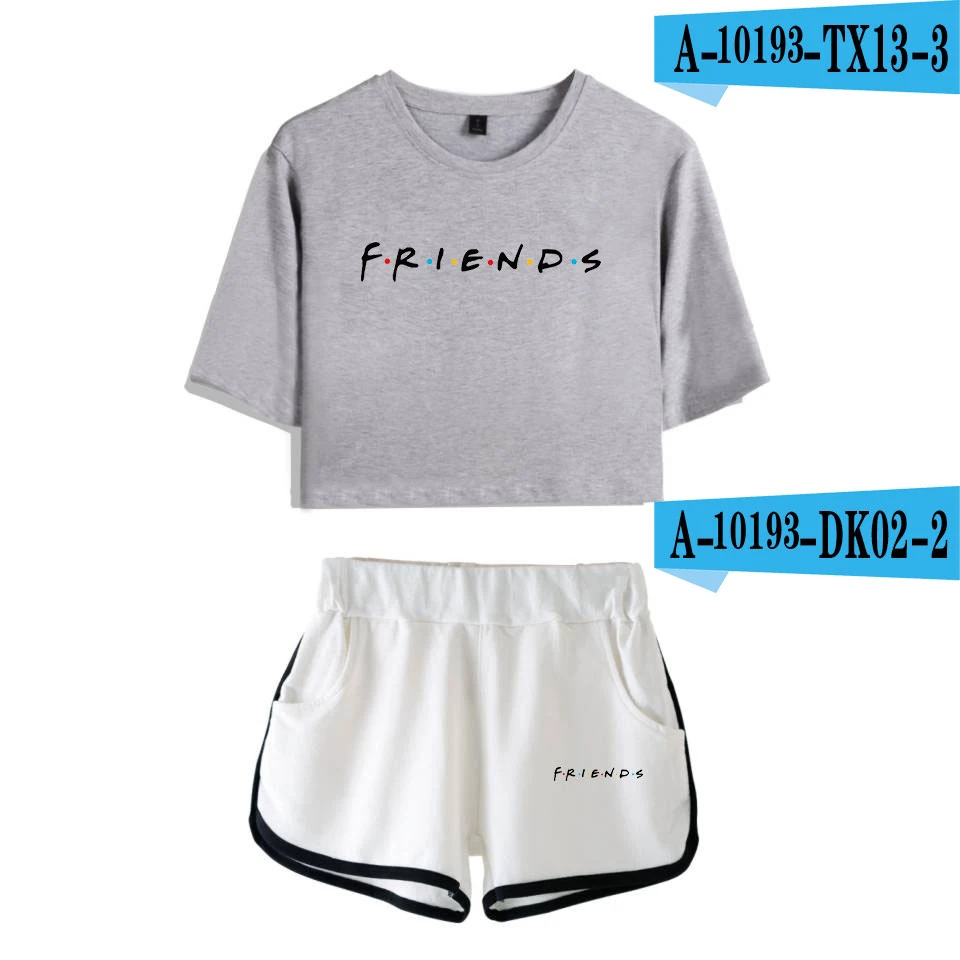 gray white LUCKYFRIDAYF друзья Мода как вы делаете летние шорты и футболки женские комплекты из двух предметов поп-кроп-топ повседневная одежда - Цвет: gray white