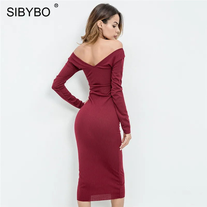 Женское длинное платье из хлопка Sibybo, вечернее платье с V-образным вырезом и открытыми плечами, с длинными рукавами, удобное прямое обтягивающее платье, для ношения осенью и зимой