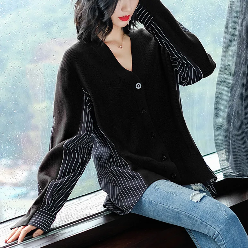 Женский вязаный свитер большого размера с v-образным вырезом кардиган свободный