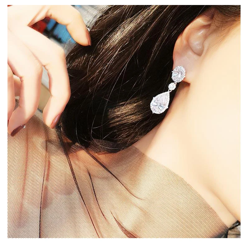 Роскошные уточнение Micro Pave Циркон Teardrop CZ кристалл белого золота цвет DropEarring для женщин Свадебная вечеринка ювелирные изделия