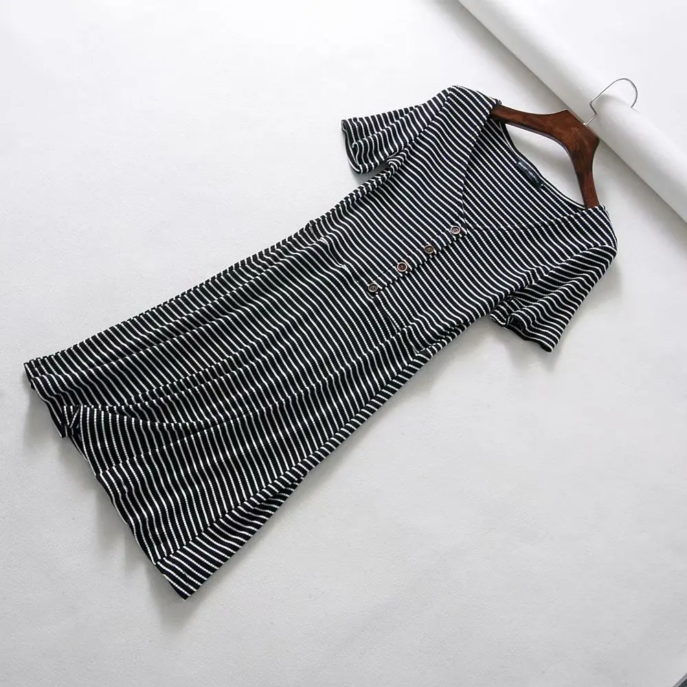 Black Striped Beach Summer Dress Women Knitted Button V neck Rib Black Red Mini Dress Elegant Kawaii Casual Korean Vestidos - Цвет: Black Striped
