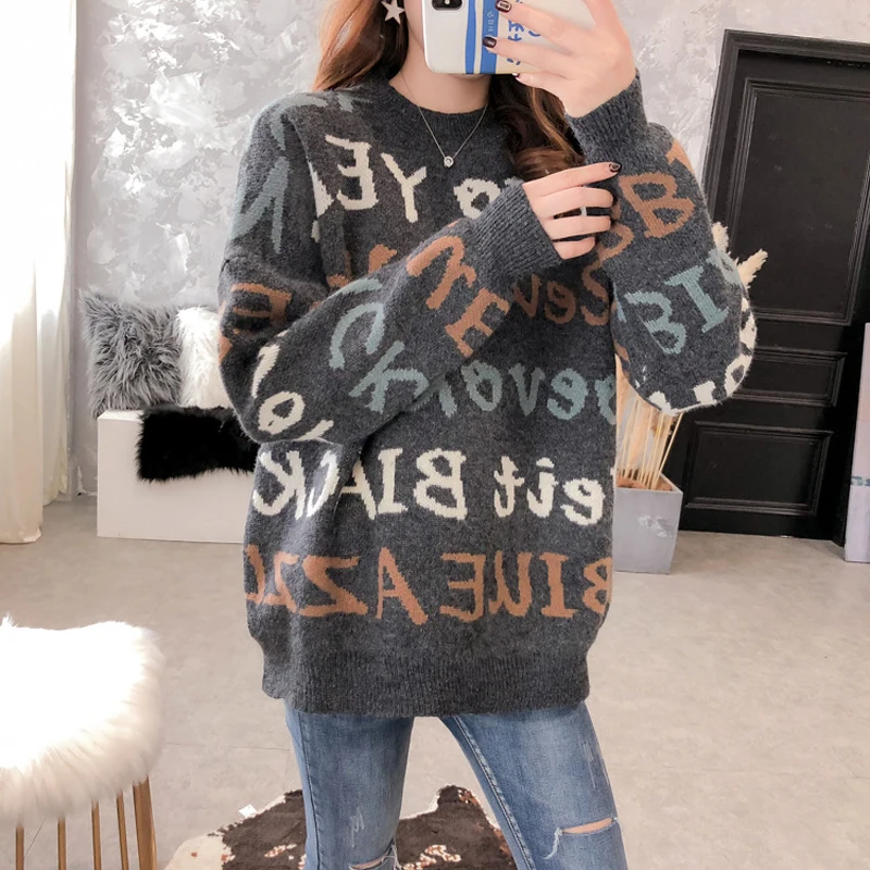O-neck Knitted Sweater Women Winter 2019 Letter Pattern Casual And Pullovers Long Sleeve Pull Femme Jumper | Женская одежда