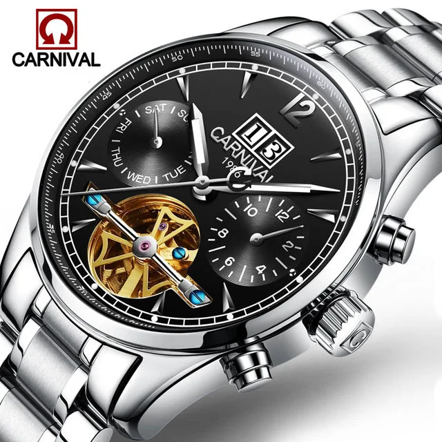Автоматические самоходные мужские часы люксовый бренд Tourbillon механические часы Повседневная одежда Водонепроницаемые спортивные швейцарские часы - Цвет: Черный