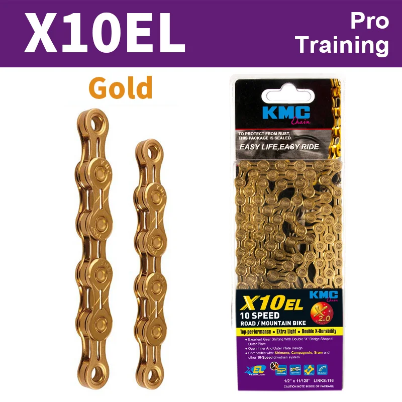 X10EL Gloden KMC цепи 116 ссылки 9/10/11 Скорость велосипедная цепь с недостающим ссылку серебрянная Золотая светильник MTB шоссейные велосипеды инструмент для демонтажа цепи велосипеда - Цвет: X10EL Gloden