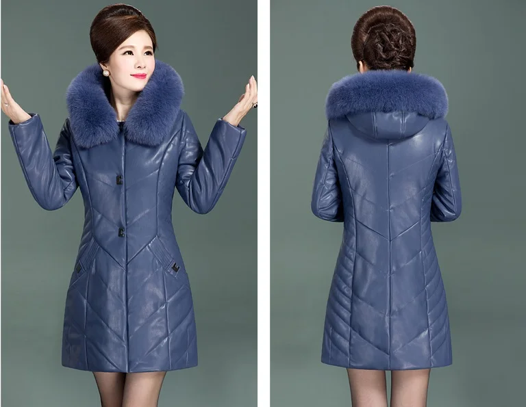 UHYTGF XL-6XL мода меховой воротник Кожаная куртка женская с капюшоном хлопка теплая зимняя верхняя одежда женский тонкий длинный Кожаная куртка s 117