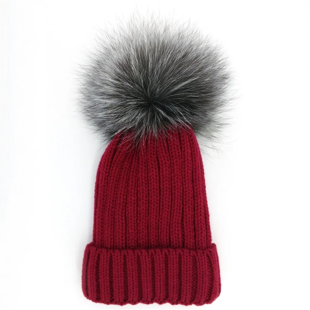 Minhui/Новинка; зимние шапки для детей; Skullies Beanies для девочек; шапка с помпонами из натурального меха серебристой лисы; шапка для девочек; плотная шапка