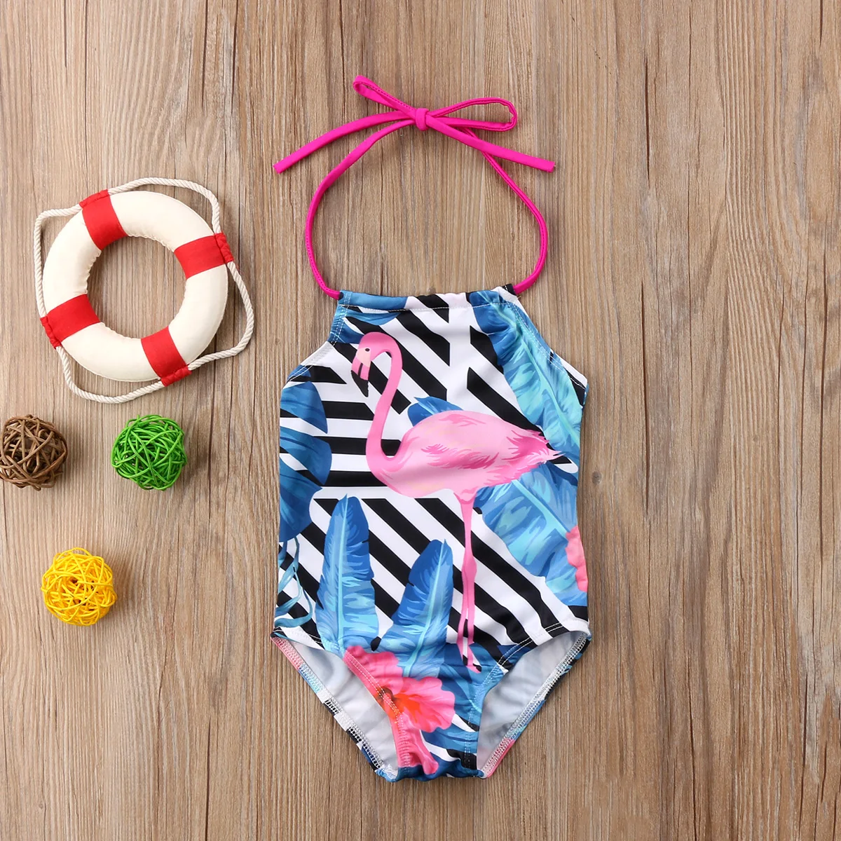 2018 милый купальник для девочек с изображением фламинго голубыми листьями