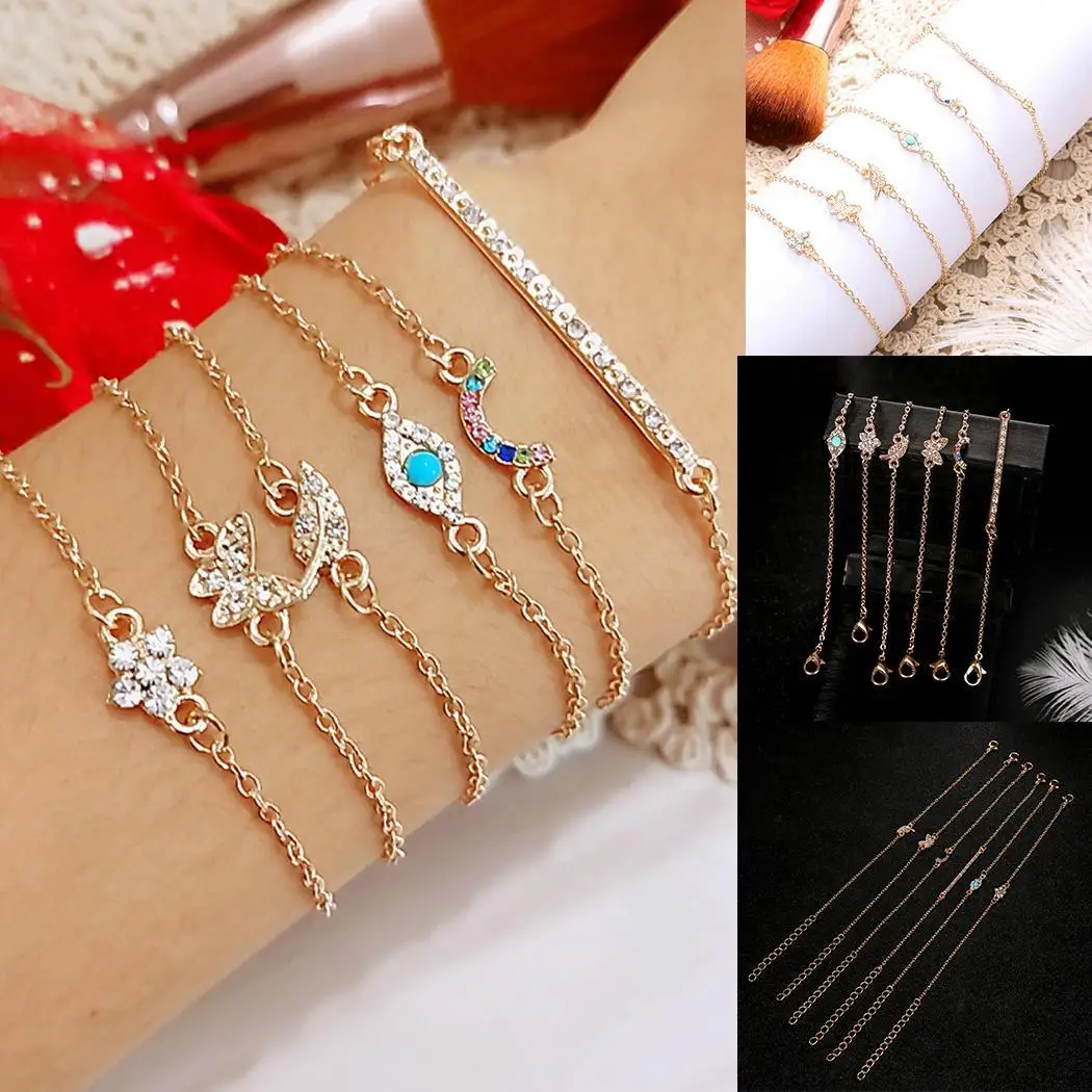 Fashion Women Butterfly Eye Star Moon Leaves Multilayer 22cm/8.7inch Bracelet Party Set of (6Pcs) Jewelry Gold | Украшения и