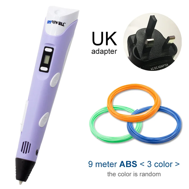 Myriwell, 3D ручка, светодиодный экран, сделай сам, 3D Ручка для печати, 100 м, ABS нити, креативная игрушка, подарок для детей, дизайнерский рисунок - Цвет: Purple UK