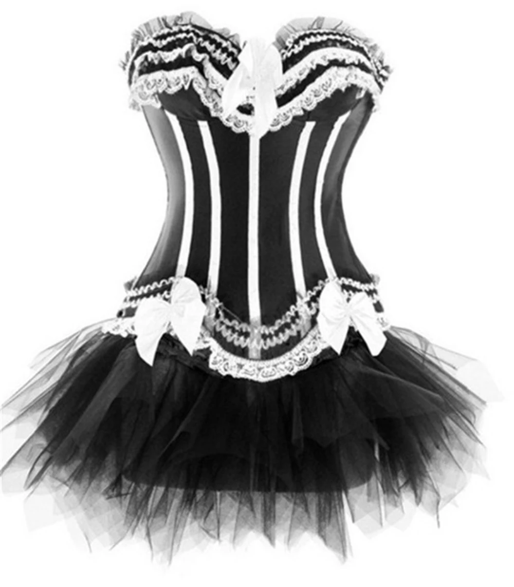 Для женщин Бурлеск сексуальное женское белье кружевной корсет топ + стринги юбка