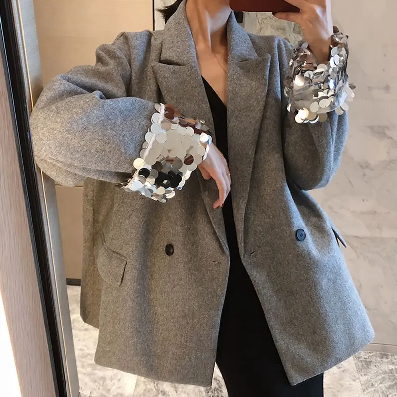 [HG] Streetwear Fashion Women Winter Spring Double Breasted Notched Collar Pocket Coat Female Patchwork Sequined Blazer ZLL2662 | Женская