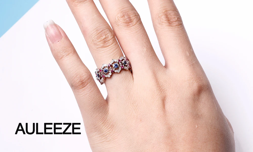 AULEEZE винтажный 0,8 cttw натуральный сапфир Weedding Band 18 к белое золото настоящий бриллиантовый, рубиновый кольца для женщин драгоценный камень ювелирные изделия