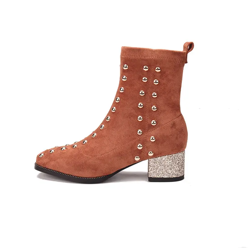 

Smeeroon 2020 fashion spring autumn boots women slip on med heels square toe ankle boots high quality flock leather boots black