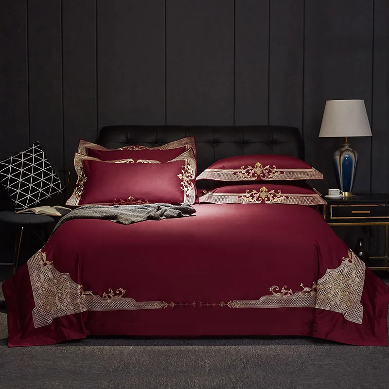 

New Luxury Wine Red European Style 120S 1000TC Egyptian Cotton Royal Embroidery Bedding set Duvet cover Bed sheet Bed Linen 4pcs
