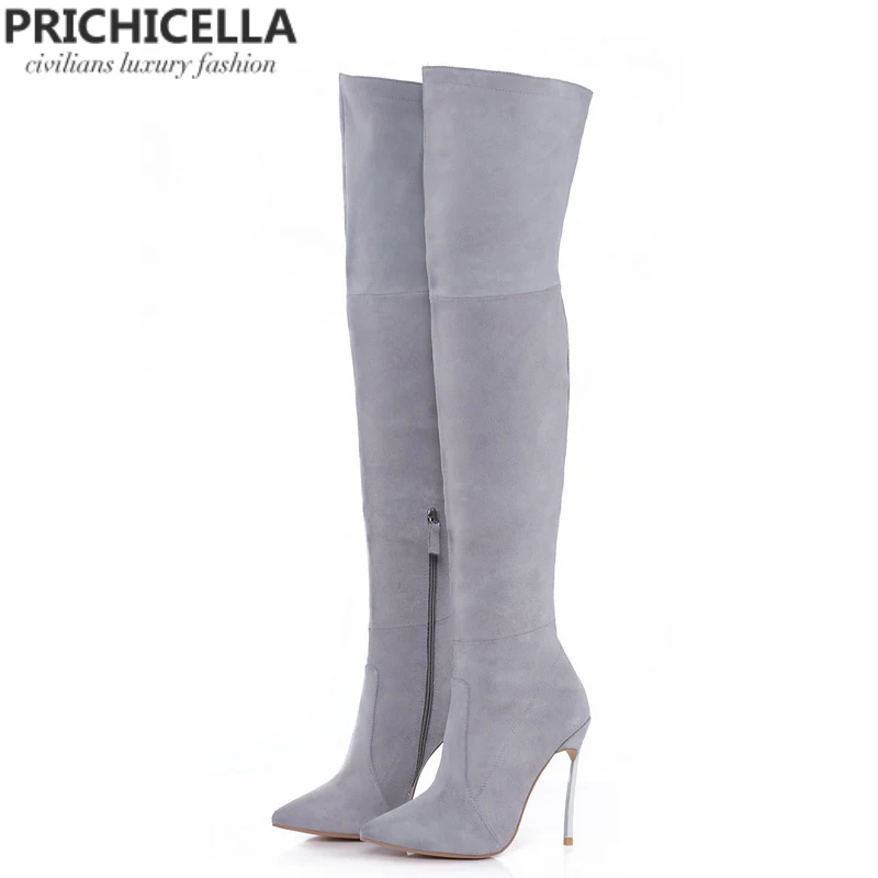 Кожаные Сапоги выше колена PRICHICELLA 8 см 10 цвет серый|high booties|knee bootsover knee boots |