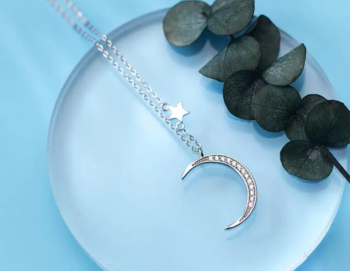 Authentic 100% REAL. 925 Sterling Silver FINE Jewelry white cz zirconia set Big Crescent Moon Star Necklace pendant giftGTLx1685 | Украшения