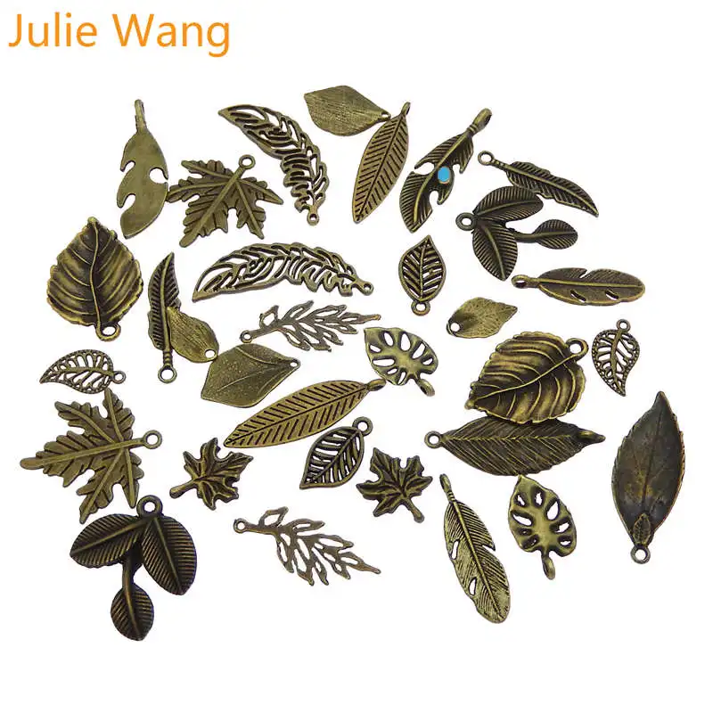 

Julie Wang 10PCS Randomly Mix Vintage Leaves Charms Alloy Antique Bronze Leaf Bracelet Jewelry Making Pendant Accessory