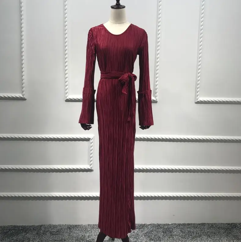 Wine red dress Плиссированные платья Рамадан Tesettur Elbise Kaftan абайя, арабское мусульманское длинное платье для девочки Восточный халат из марокена платья Хиджаб халат Femme - Цвет: Wine red dress