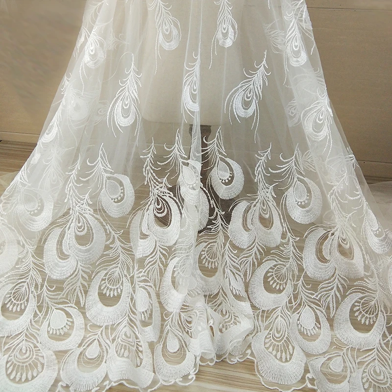 

Exquisite Peacock Embroidered Lace French Skirt Fashion White Lace Fabric For DIY Wedding Dress Fabric Patchwork Sewing Craft