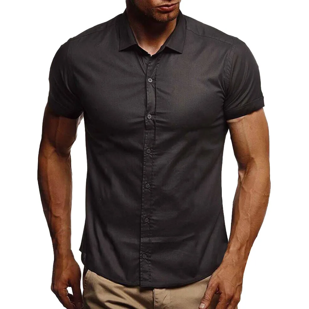 Приталенная Мужская рубашка, рубашка с коротким рукавом, мужская мода, camisa masculina, однотонные рубашки, рубашка в Корейском стиле, мужские рубашки