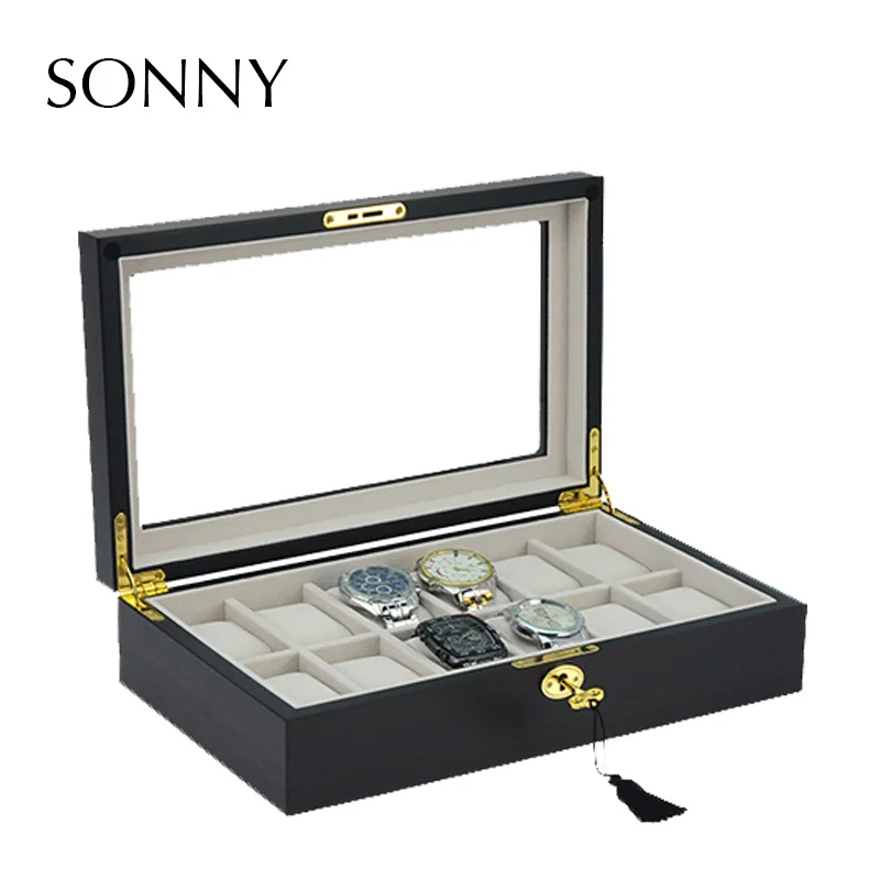 SONNY Wooden Watch Box 12 Slots Display Storage Organizer Case Large Glass Top with Metal Lock | Наручные часы
