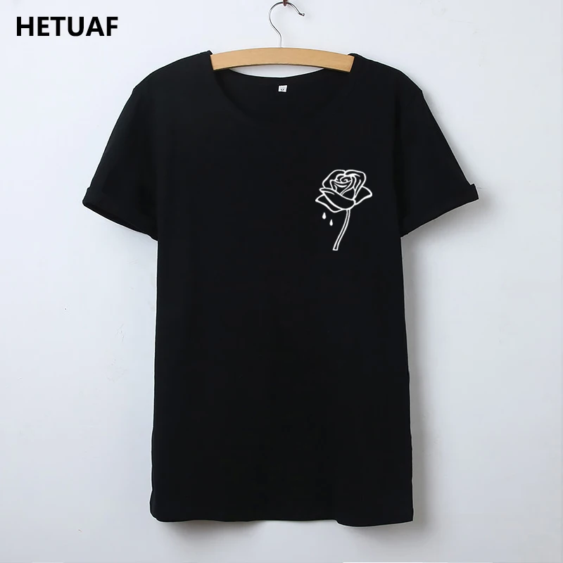 

HETUAF Pocket Rose T Shirt Women Cotton Hipster Graphic Tees Women Tshirt Punk Fashion Printed Summer Top Femme Camisetas Mujer