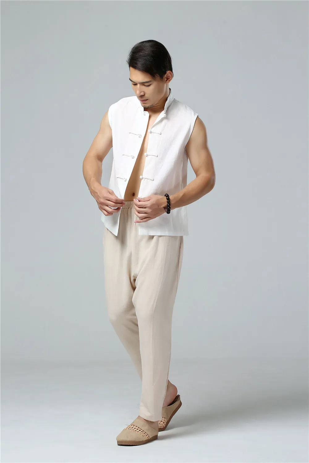 LZJN Men's Summer Waistcoat Chinese Style Vintage Breathable Linen Button Down Kung Fu Shirt Sleeveless Vest Jacket