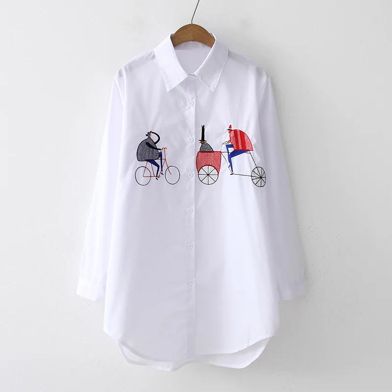 Летняя Женская Длинная блузка с вышивкой из мультфильма 2020 хлопок кошка