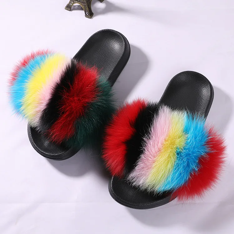 2018 Slipper For All Seasons Woman Fox Fur Slides Fluffy Real Hair Slippers Flat Non Slip Indoor Flip Flops Casual Furry Sandals | Обувь