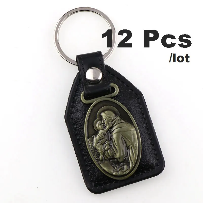 12pcs As Photo 12 шт., брелок для ключей из искусственной кожи, католический Шарм, подвески для мужчин, черная бирка, антикварная бронзовая позолота, крючок, ключ, религиозные брелки - Цвет: 12pcs As Photo