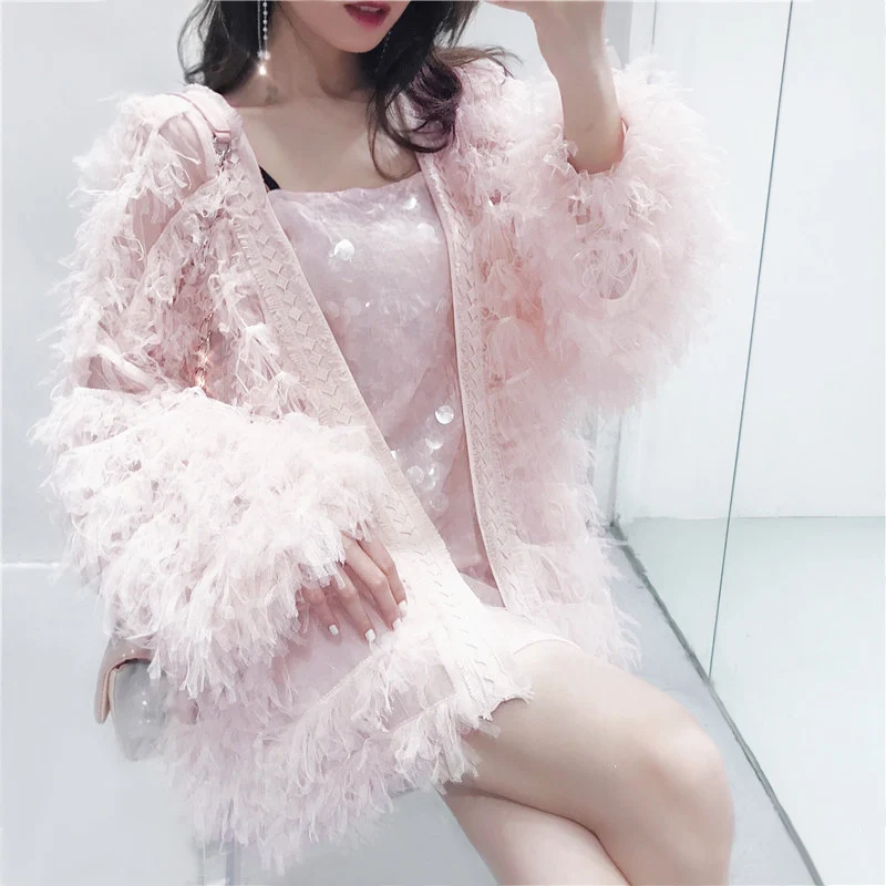 Korean version of temperament hair tassel transparent chiffon cardigan female summer new college wind solid color loose coat | Женская