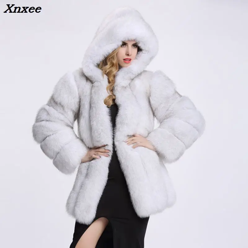 Xnxee Elegant Long Faux Fur Coat Fluffy Jacket 2018 Winter Women Thick Warm Faux Fur Coats With Hooded White Black