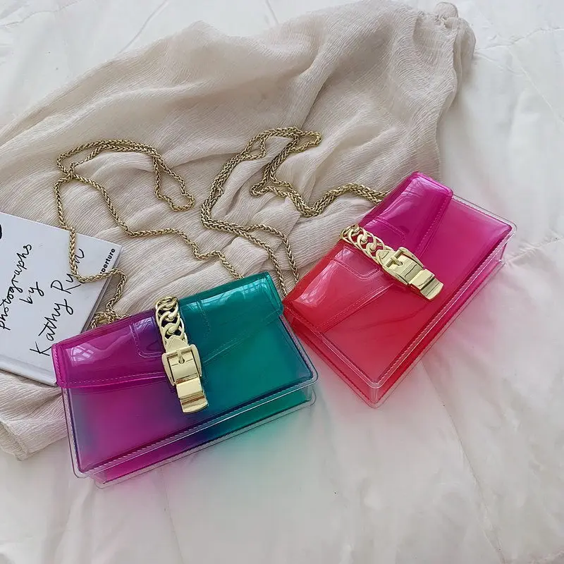 Прозрачная ПВХ-пленка Lingge цепь желе сумка женская сумочка градиент цвета конфеты