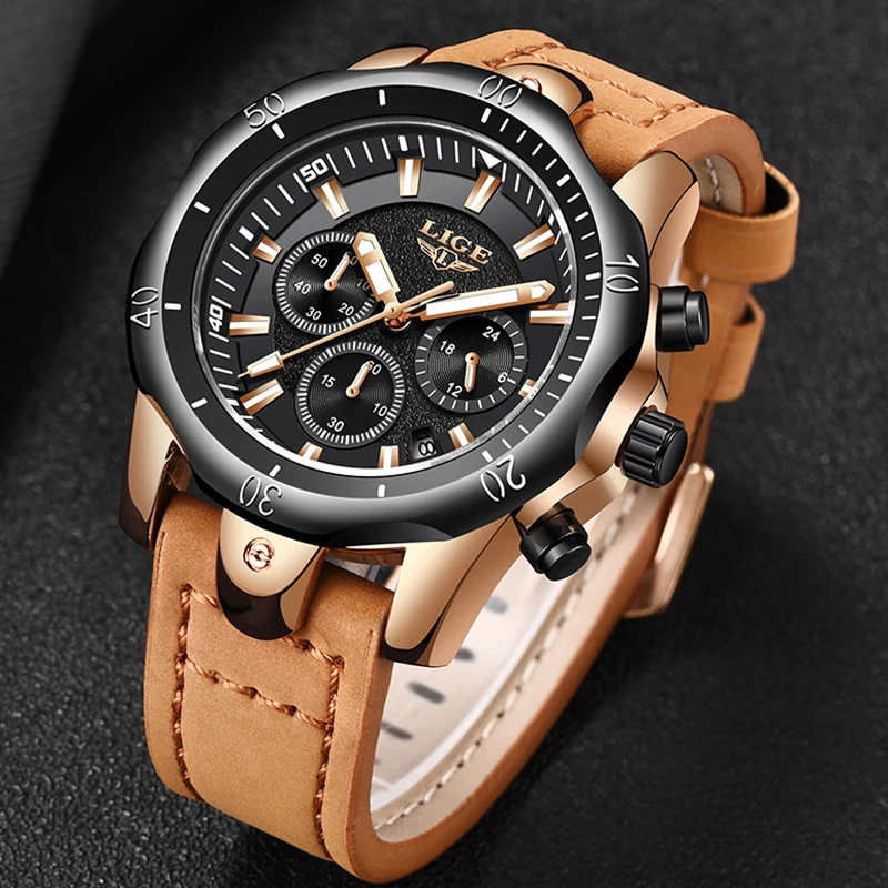 Relojes Hombre, новинка, кварцевые наручные часы LIGE, мужские часы с большим циферблатом, золотые, черные, кожаные часы, мужские спортивные водонепроницаемые часы с хронографом