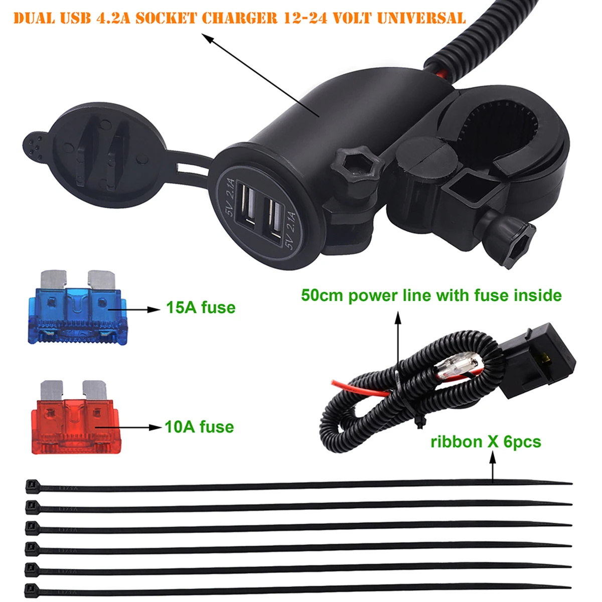 50cm Cable 4.2A Dual USB Charger Adapter Handlebar Mount 10A 15A Fuse Waterproof universal for 12v-24v motorcycle ATV etc | Автомобили и