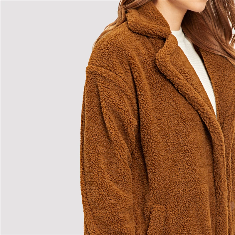 COLROVIE Brown Solid Pocket Open Front Casual Teddy Coat Women Autumn Fashion Warm Long Coat Office Ladies Elegant Outwear