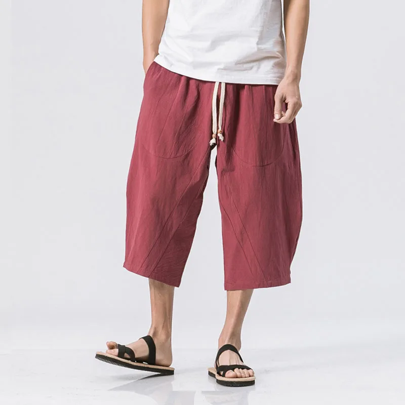 wine red pants Летние новые мужские свободные шаровары длиной до икры с завязками удобные мешковатые широкие брюки из хлопка и льна 4xl 5xl - Цвет: wine red pants