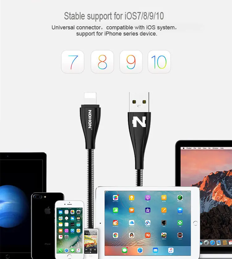 NOHON для iPhone 8 7 6 6S Plus 5 5S USB кабель металлический 8-контактный кабель для зарядного устройства для iPad Mini Быстрая зарядка данных синхронизировать мобильный телефон кабели