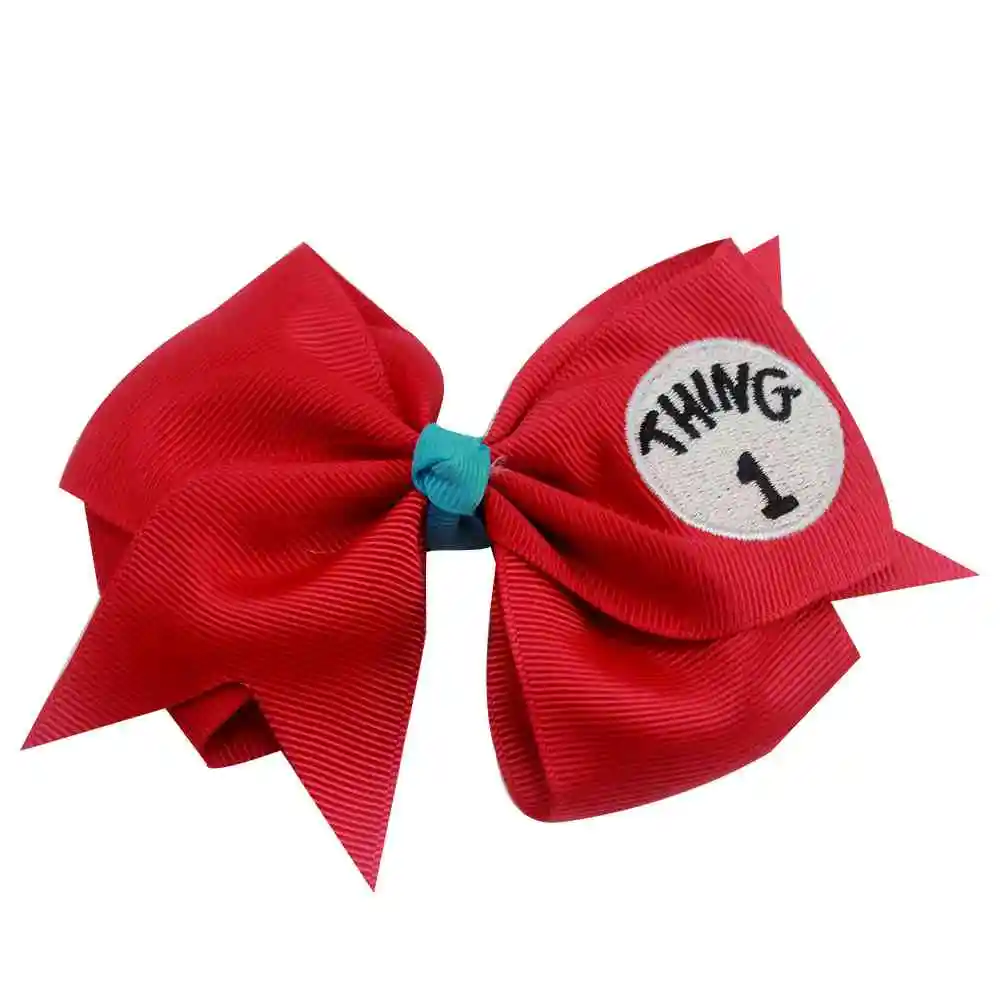 Красный 3 дюйма Dr Seuss Things1 2 3 милые однотонные волос Луки Вышивка Бант из корсажной ленты для девочек ручной работы волос зажим, аксессуар для волос - Цвет: Красный