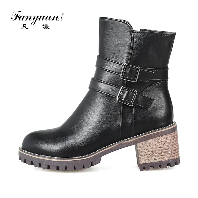 

Fanyuan Fashion Buckle Ankle Boots Round Toe Zip Martin Boots Winter Women Warm Plush Shoes Solid Square heel Motorcycle boots