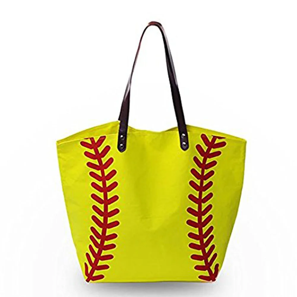 Yellow Softball Canvas Tote Bag Mom Purse Handbag With Interizor Zipper Pocket Quality Promised |