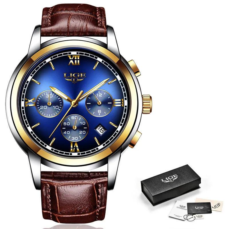 Montre Homme Часы мужские люксовый бренд LIGE Хронограф Мужские спортивные часы водонепроницаемые полностью Стальные кварцевые мужские часы Relogio Masculino - Цвет: Gold blue L